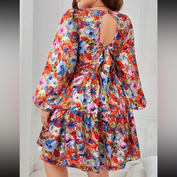 Boho Plus Size Floral Print Open Back Tie Lantern Sleeve Ruffle Hem Dress - Picture 4 of 6